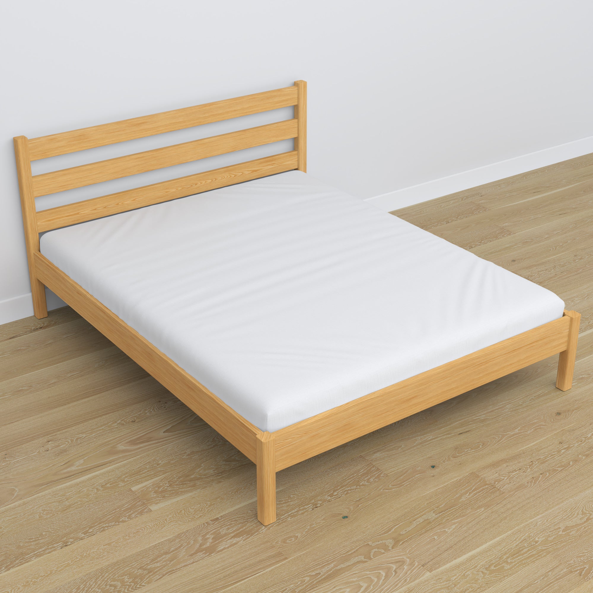 Double bed natural pine in bedroom – bedding arrangement with bedding, scandi style