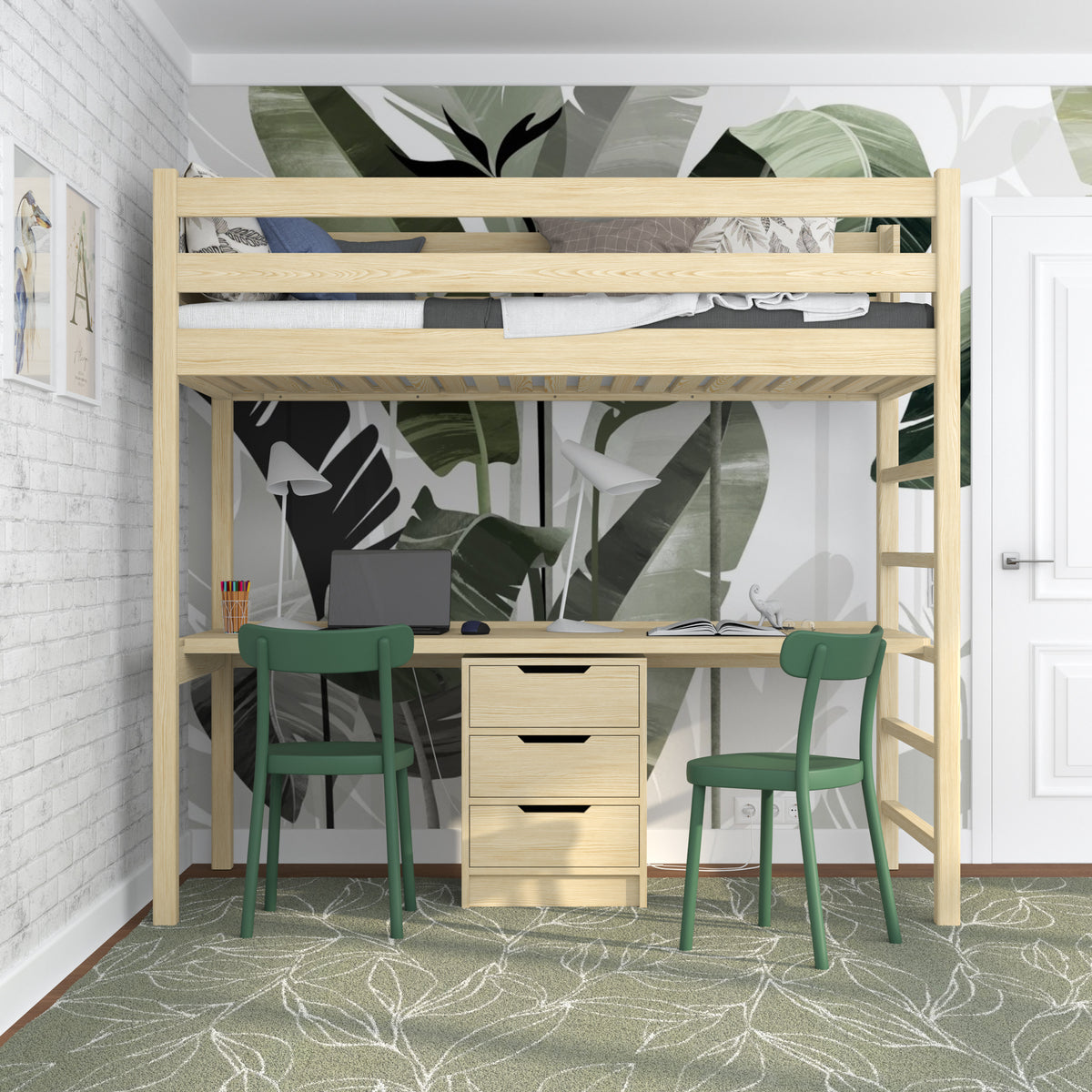 Loft bed clear pine with desk – study space under the sleeping area, wooden