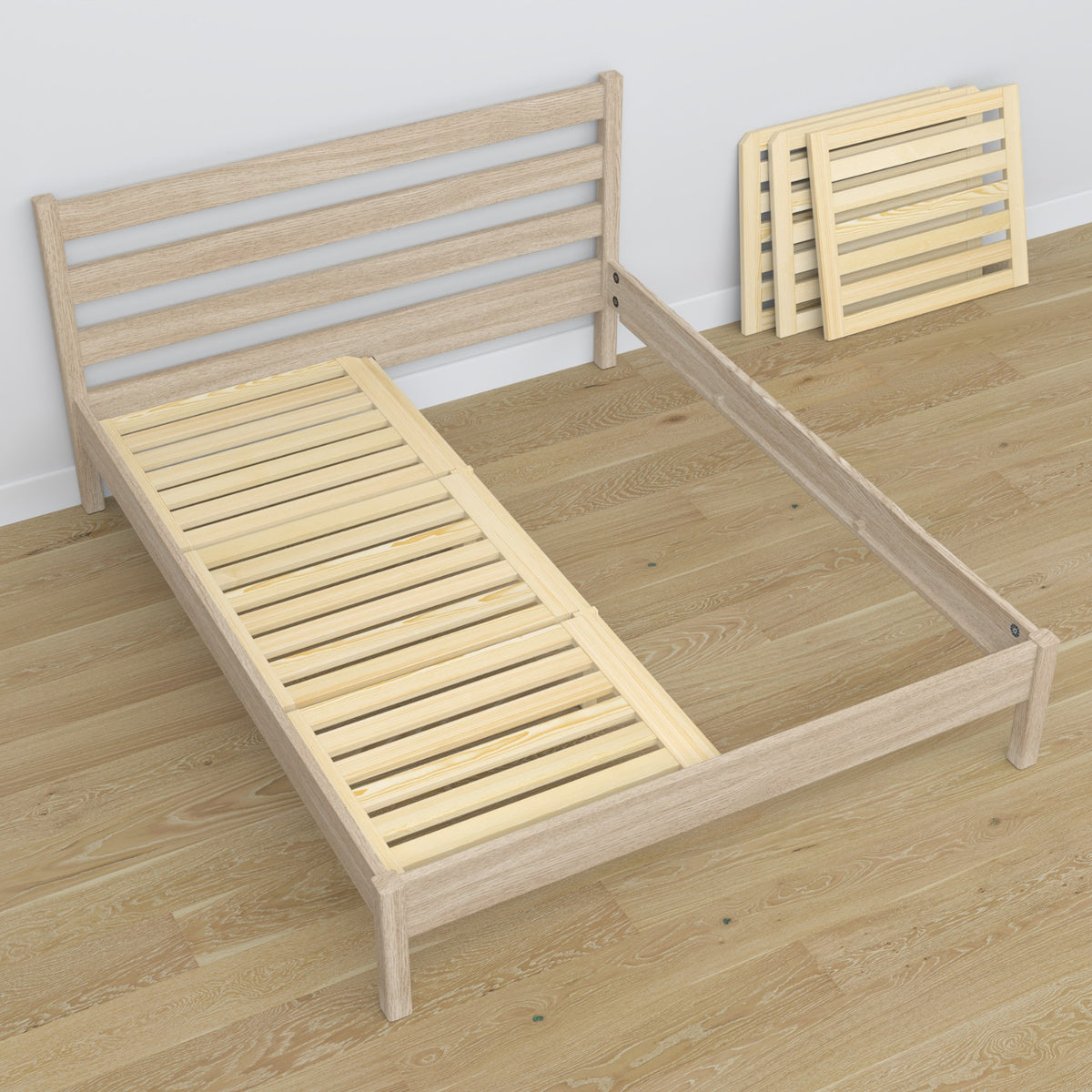 Oak double bed bleached oak – dimensions and diagram, Nizio Home