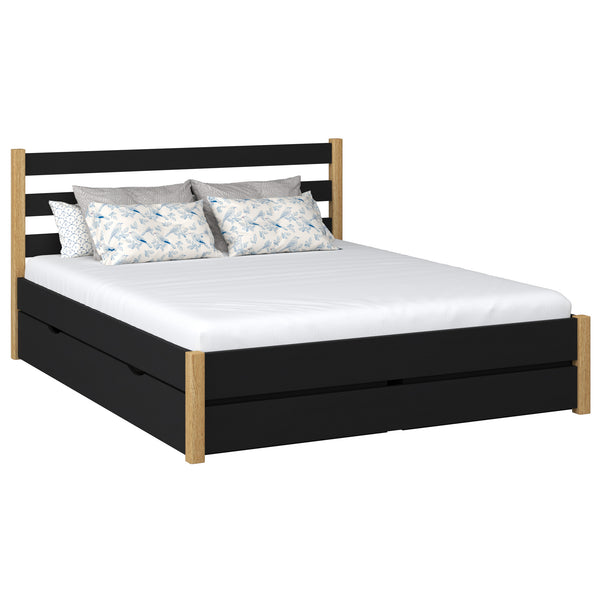 Wooden double bed with drawer N01 black / natural oak – overall view, solid wood