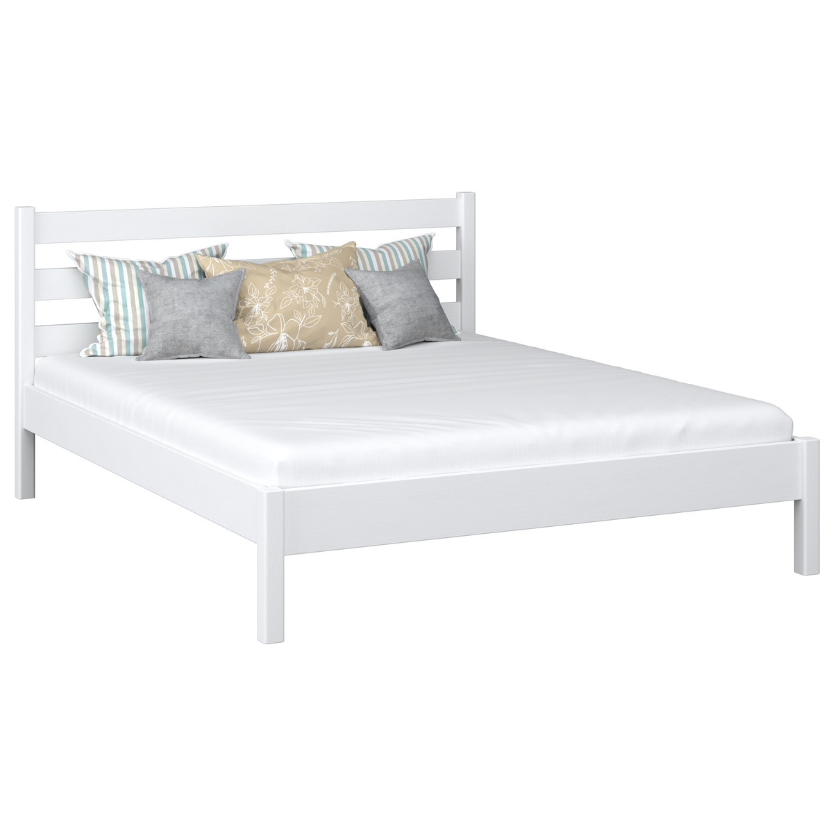 Wooden double bed N01 white – overall view, solid pine wood