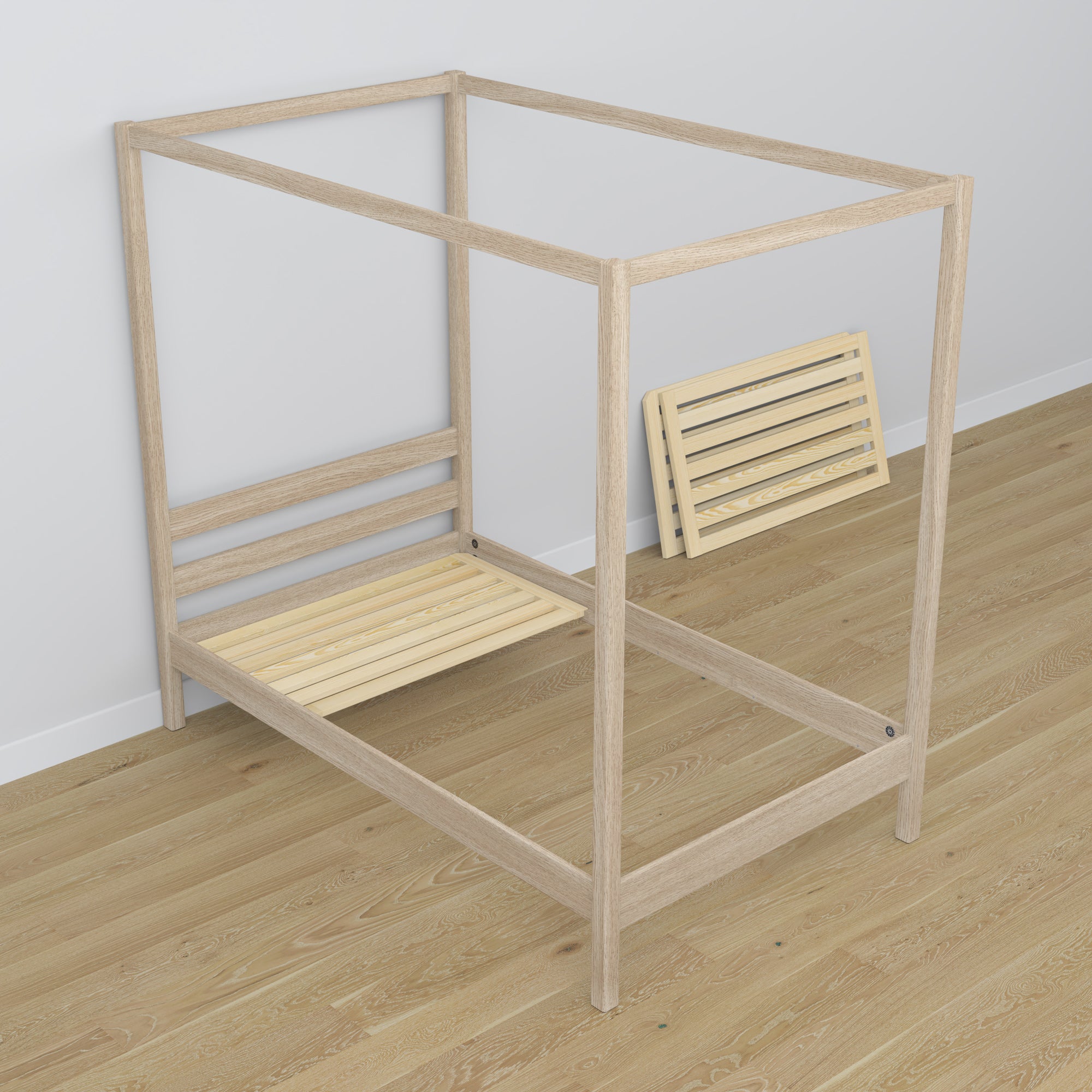 Bleached oak canopy bed with drawer made of oak – dimensions, Nizio