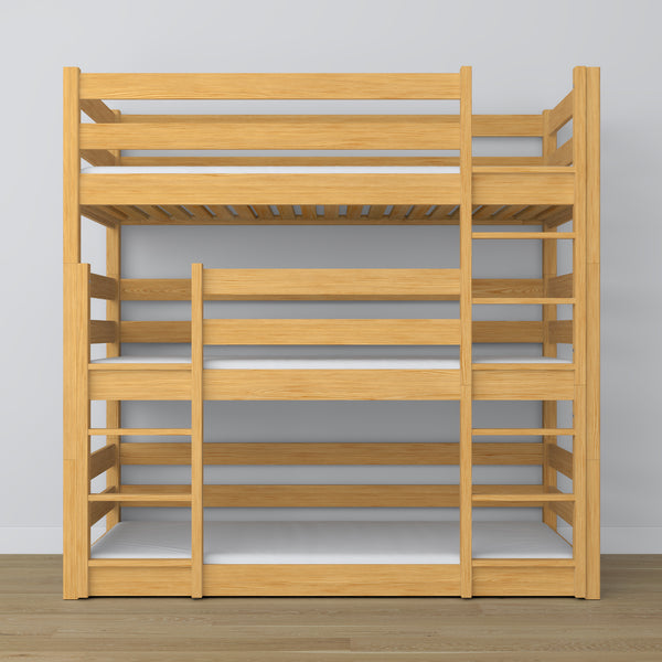 Triple bunk bed natural pine – ladder and safety rails, wooden