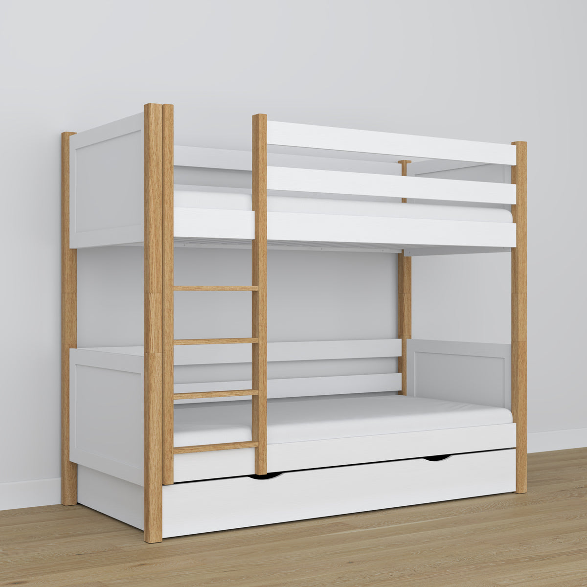 White and Oak Wooden Bunk Bed – Open Drawer, Spacious Storage Under the Bed