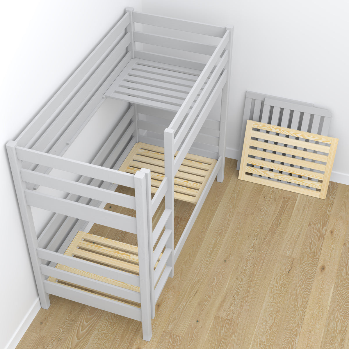Bunk Bed with Mattress Drawer Grey Wooden – Solid Wood, Scandi Style
