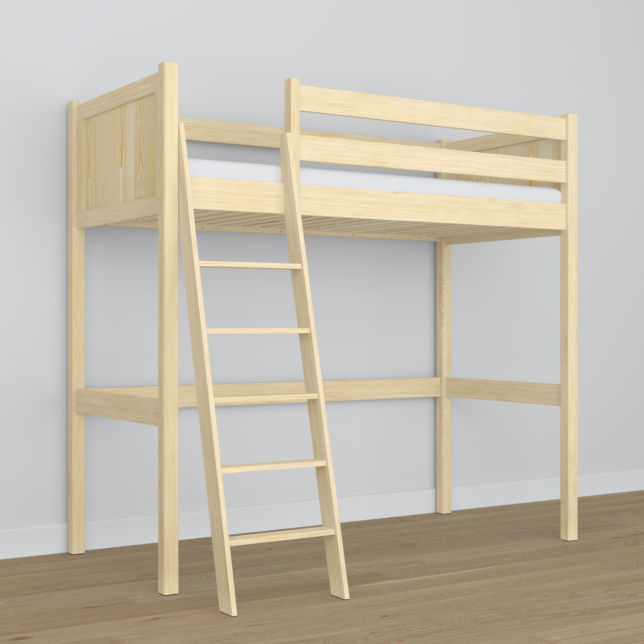 Loft bed clear pine in children’s room – scandi arrangement, wooden