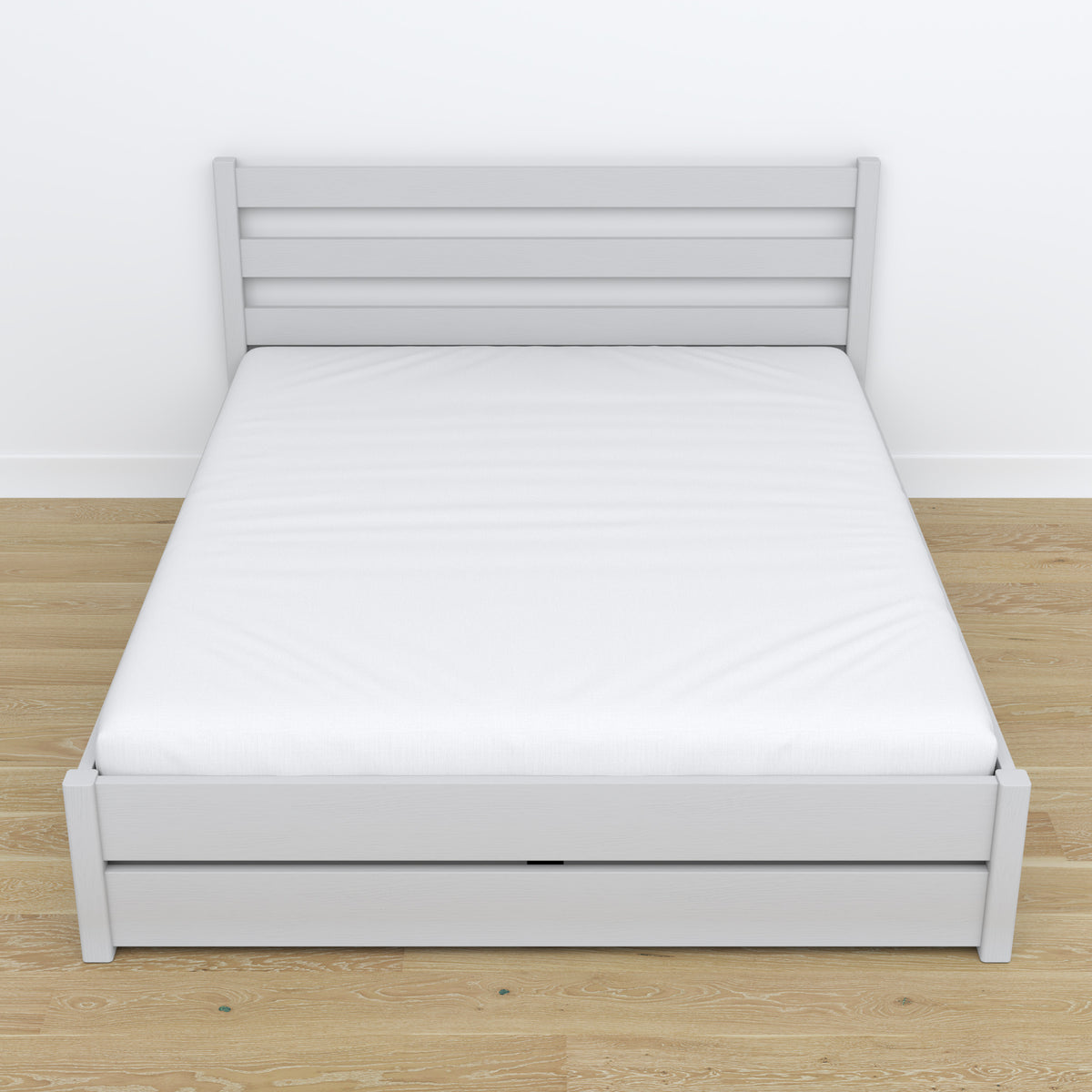 Double bed with wooden drawer grey – angled view, scandi bedroom