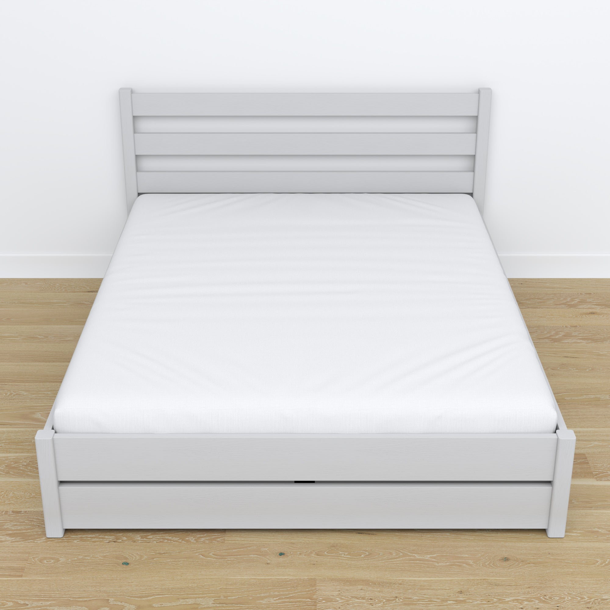 Double bed with wooden drawer grey – angled view, scandi bedroom