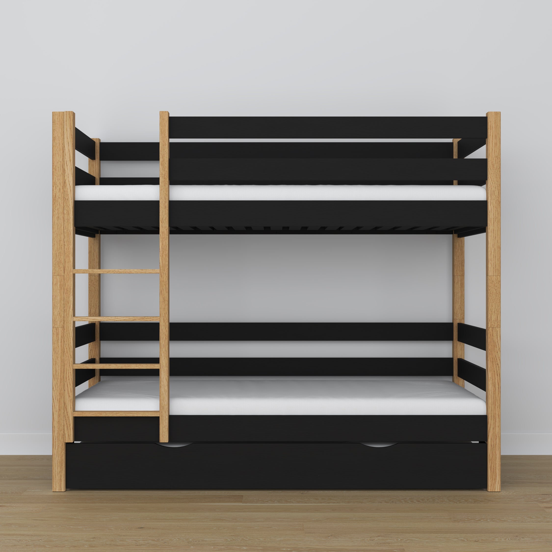 Black and Oak Wooden Bunk Bed – Interior of Mattress Drawer, Children’s Room