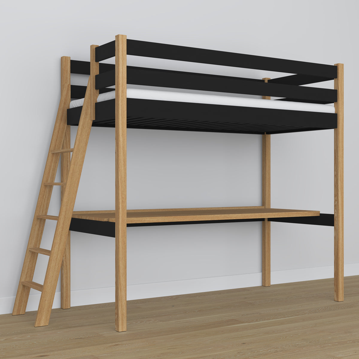 Loft bed with desk black/oak wooden – dimensions, Nizio Home