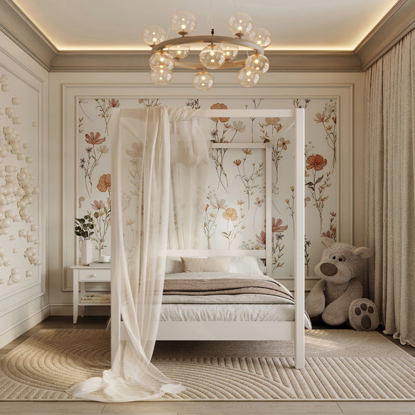 Canopy Bed White – Decorative Wooden Frame, Safe for Children