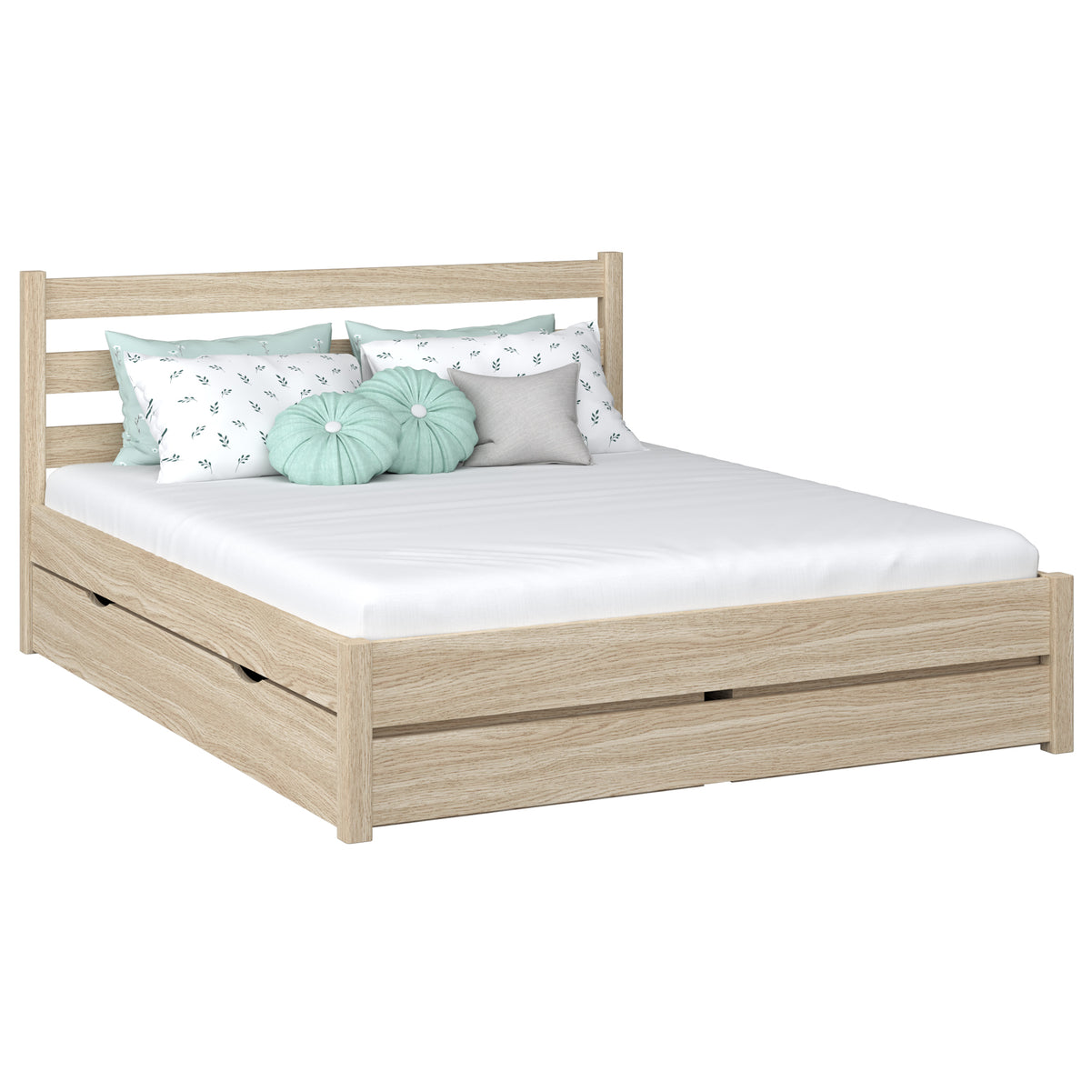 Oak double bed with drawer N01 bleached oak – overall view, solid oak wood