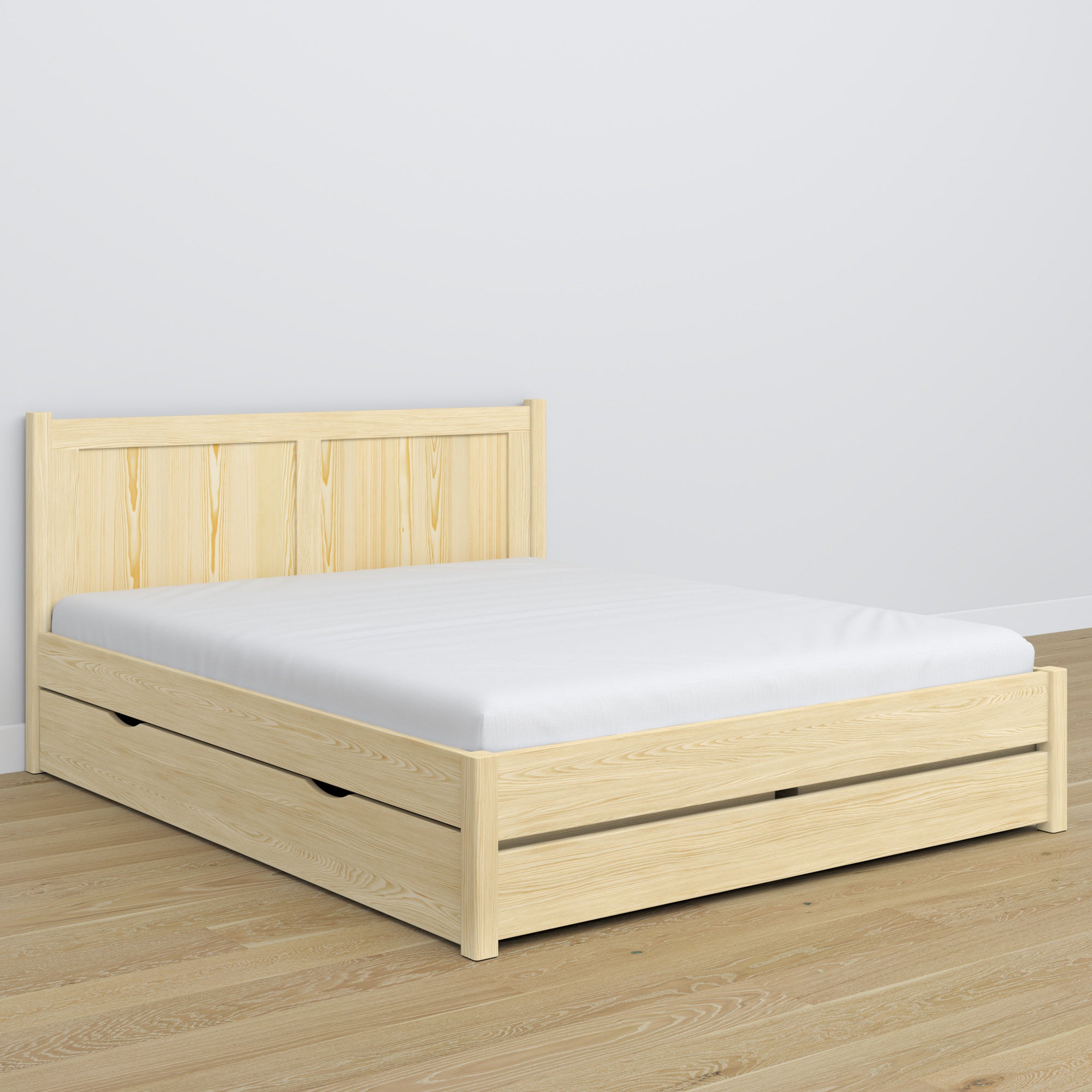 Double bed clear pine with drawer – wooden headboard, close-up