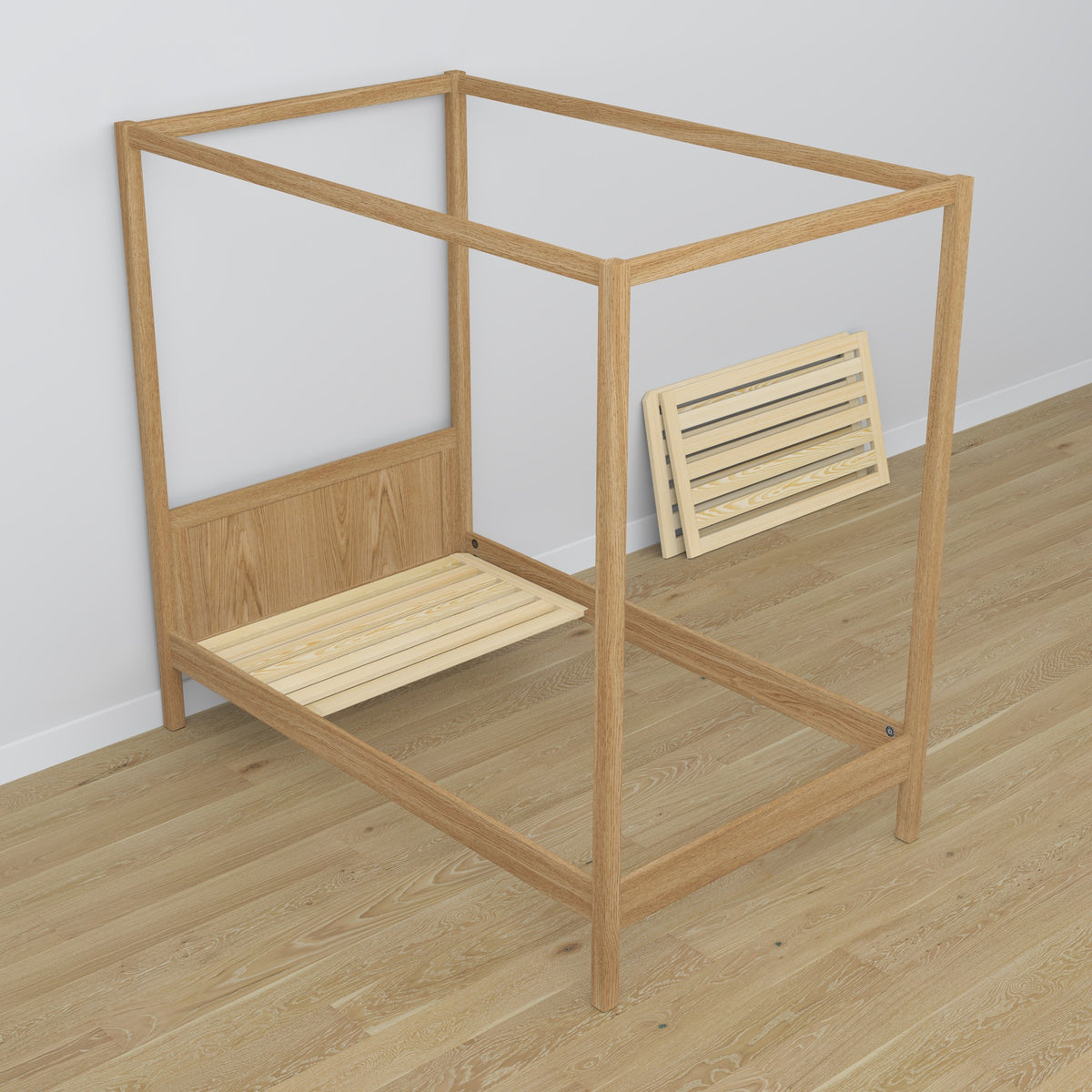 Oak canopy bed natural oak – scandi child’s room arrangement