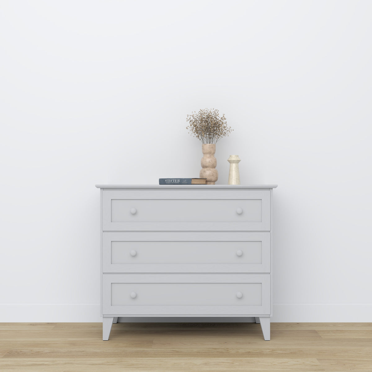Chest of drawers 3S grey wooden – side view, compact structure