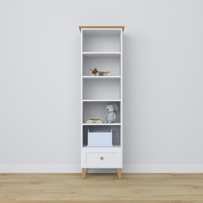 Bookcase with drawer wooden white with oak 57 cm – living room and office, Scandinavian style