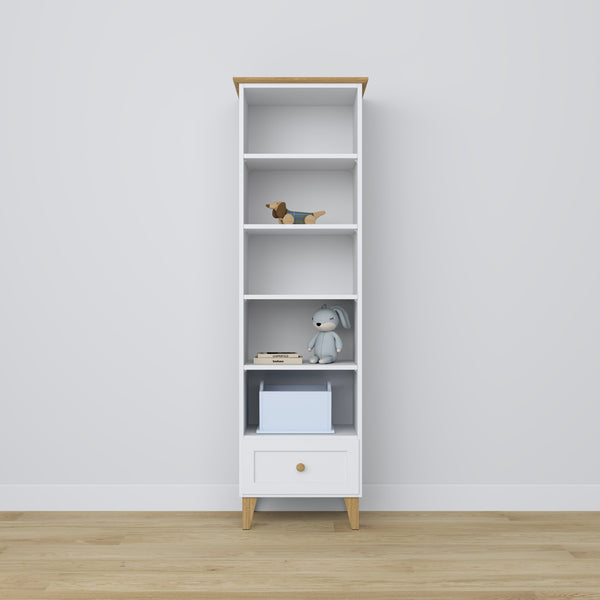 Bookcase with drawer wooden white with oak 57 cm – living room and office, Scandinavian style