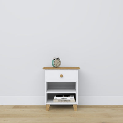 Bedside table with drawer N02 wooden white with oak – bedroom, Scandinavian style