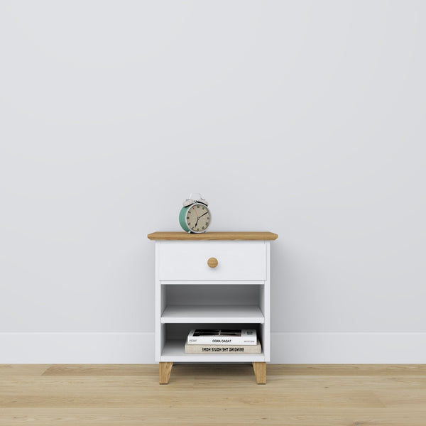 Bedside table with drawer N02 wooden white with oak – bedroom, Scandinavian style