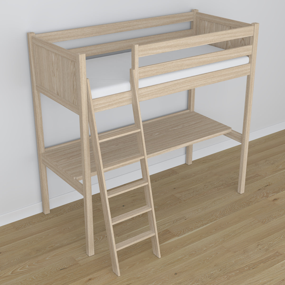 Loft bed bleached oak oak – top view of the sleeping area, Nizio