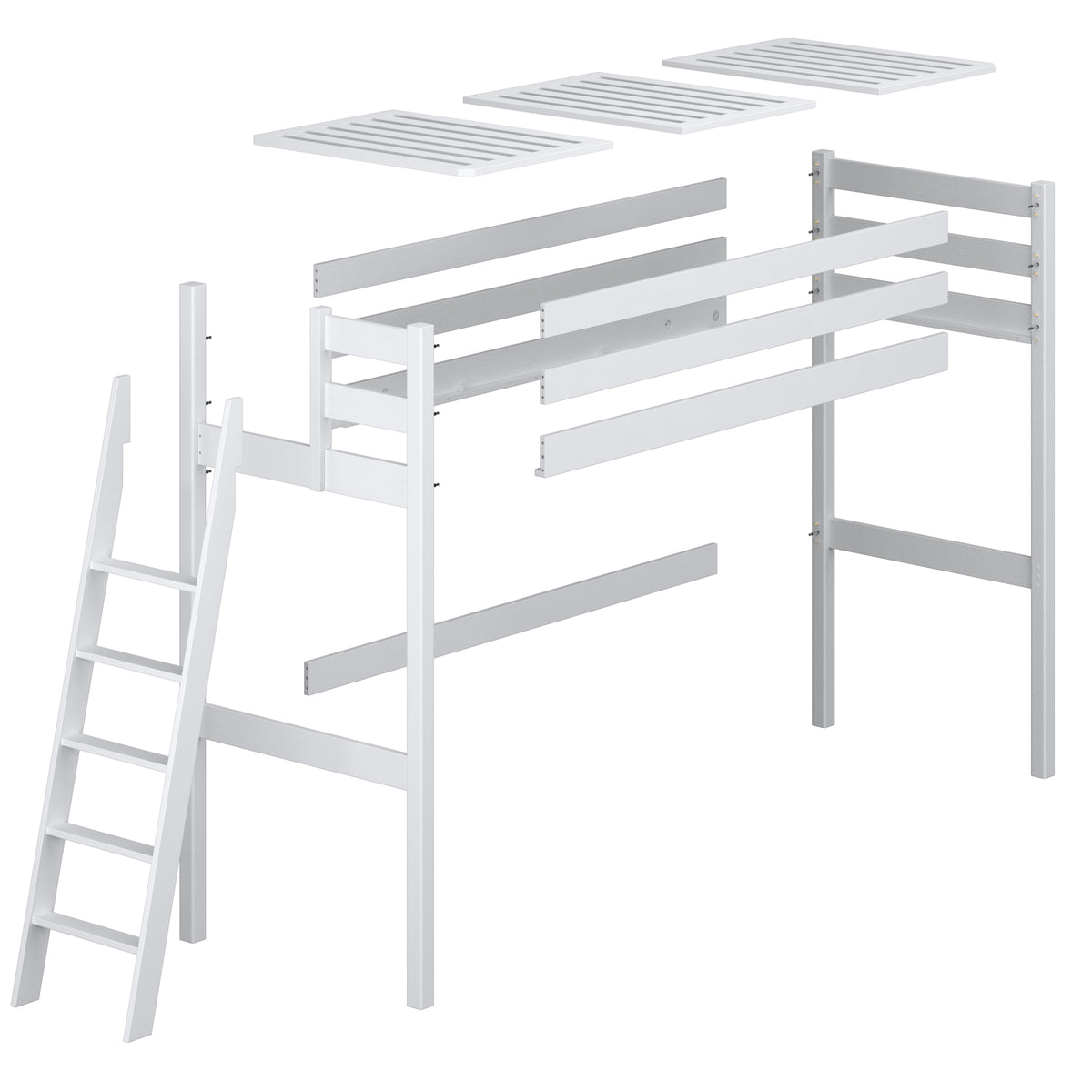 Loft bed black/oak – wooden posts and joints, close-up on quality
