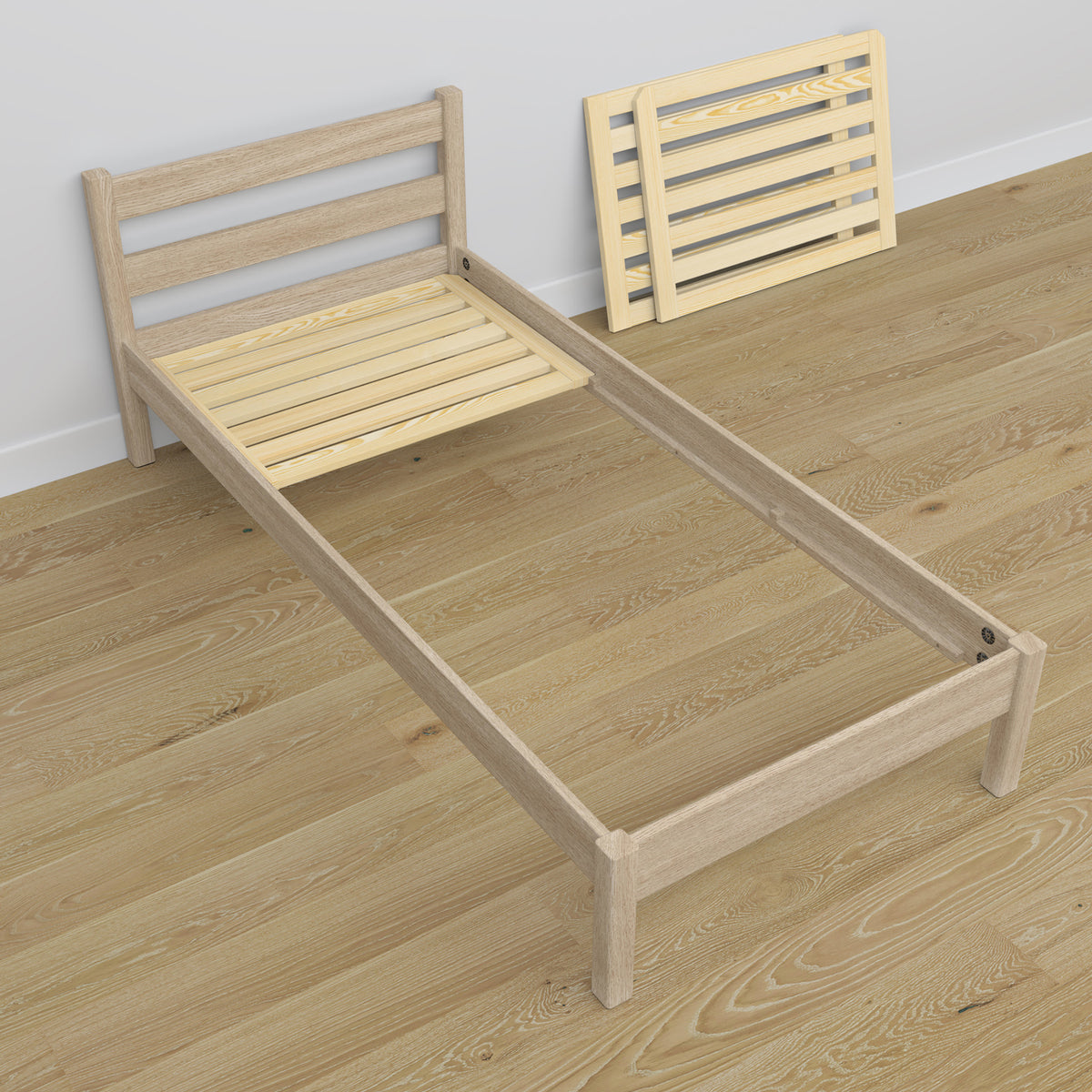 Bed with mattress drawer bleached oak made of oak – dimensions, Nizio