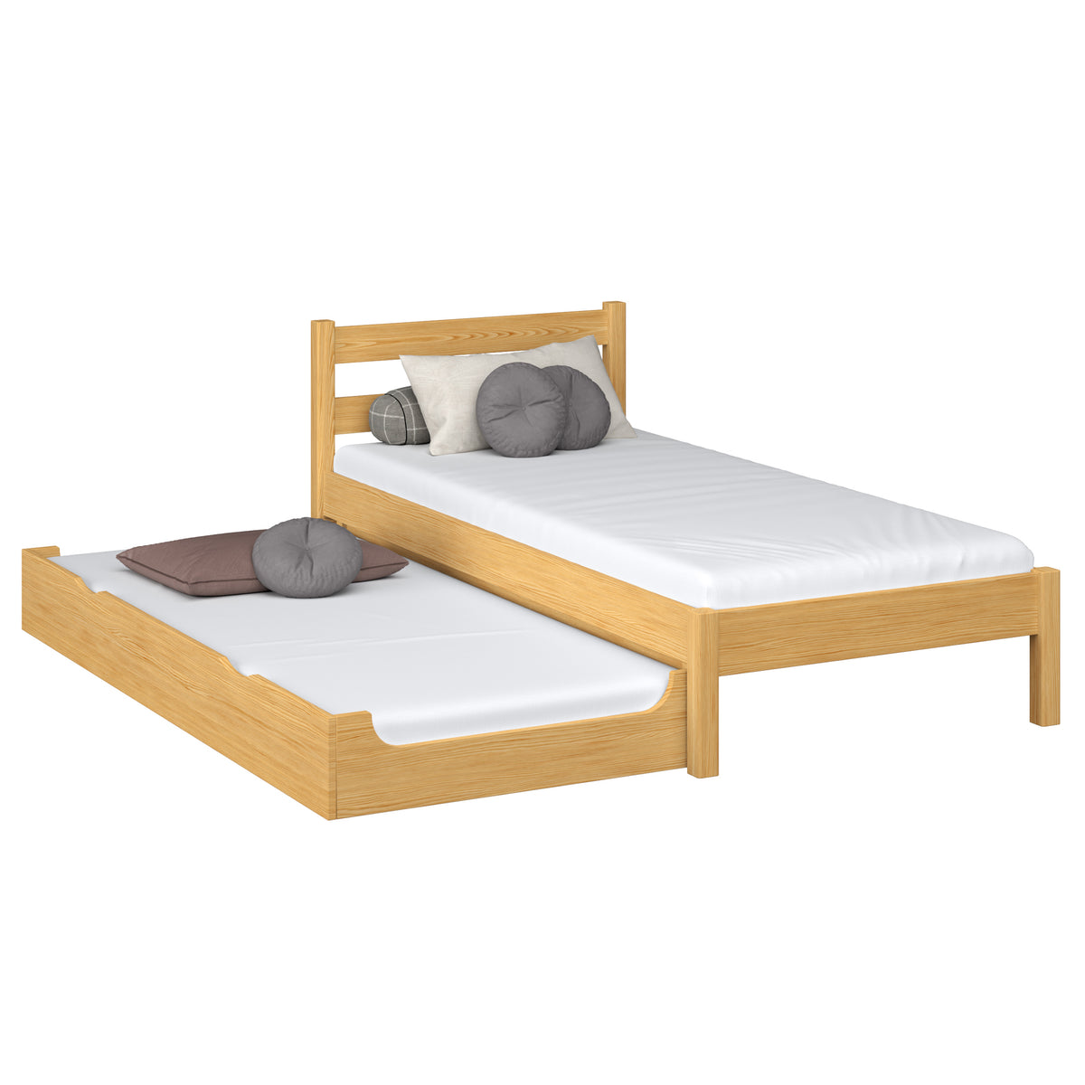 Wooden bed with mattress drawer natural pine – child’s room, scandi Nizio