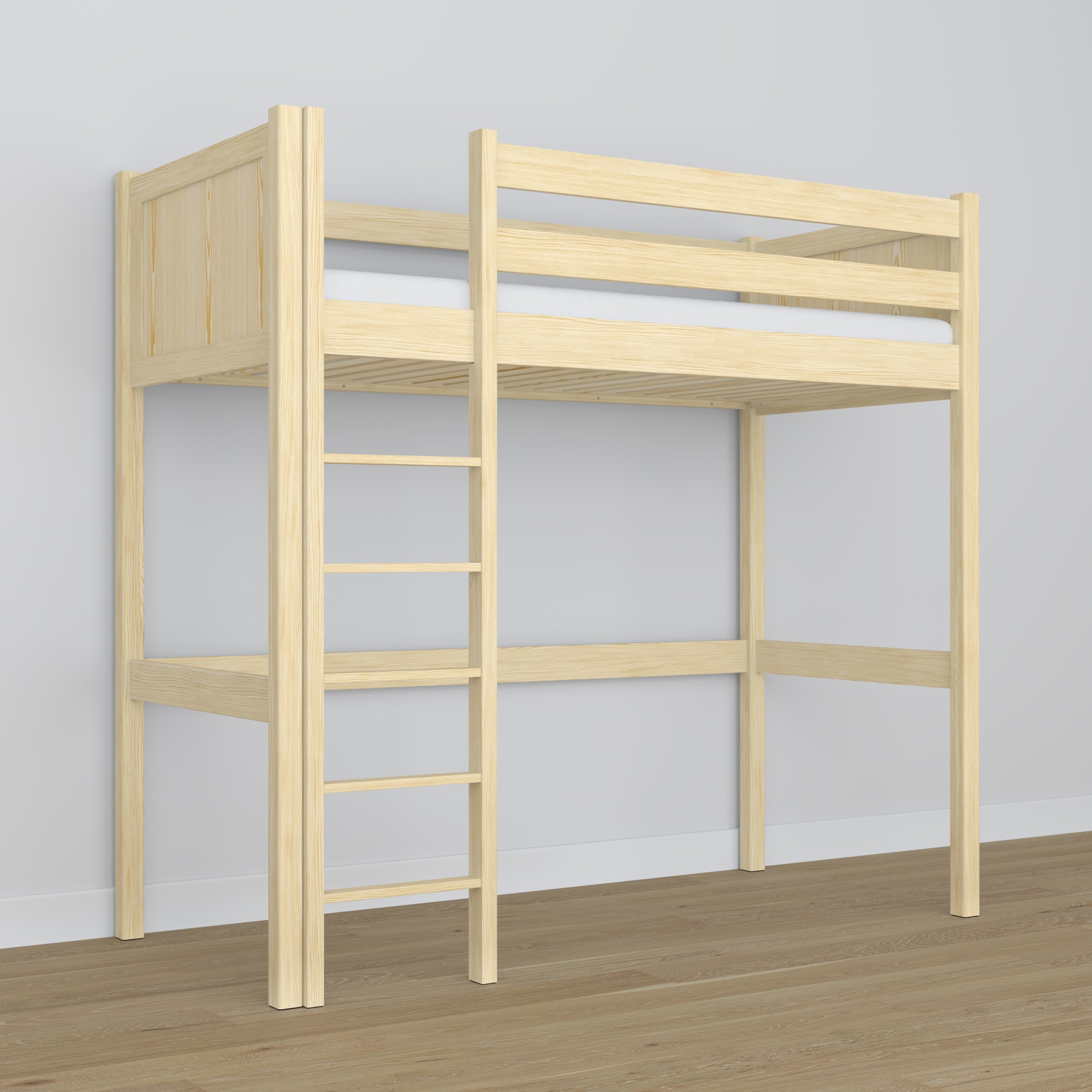 Loft bed clear pine in children’s room – scandi arrangement, wooden