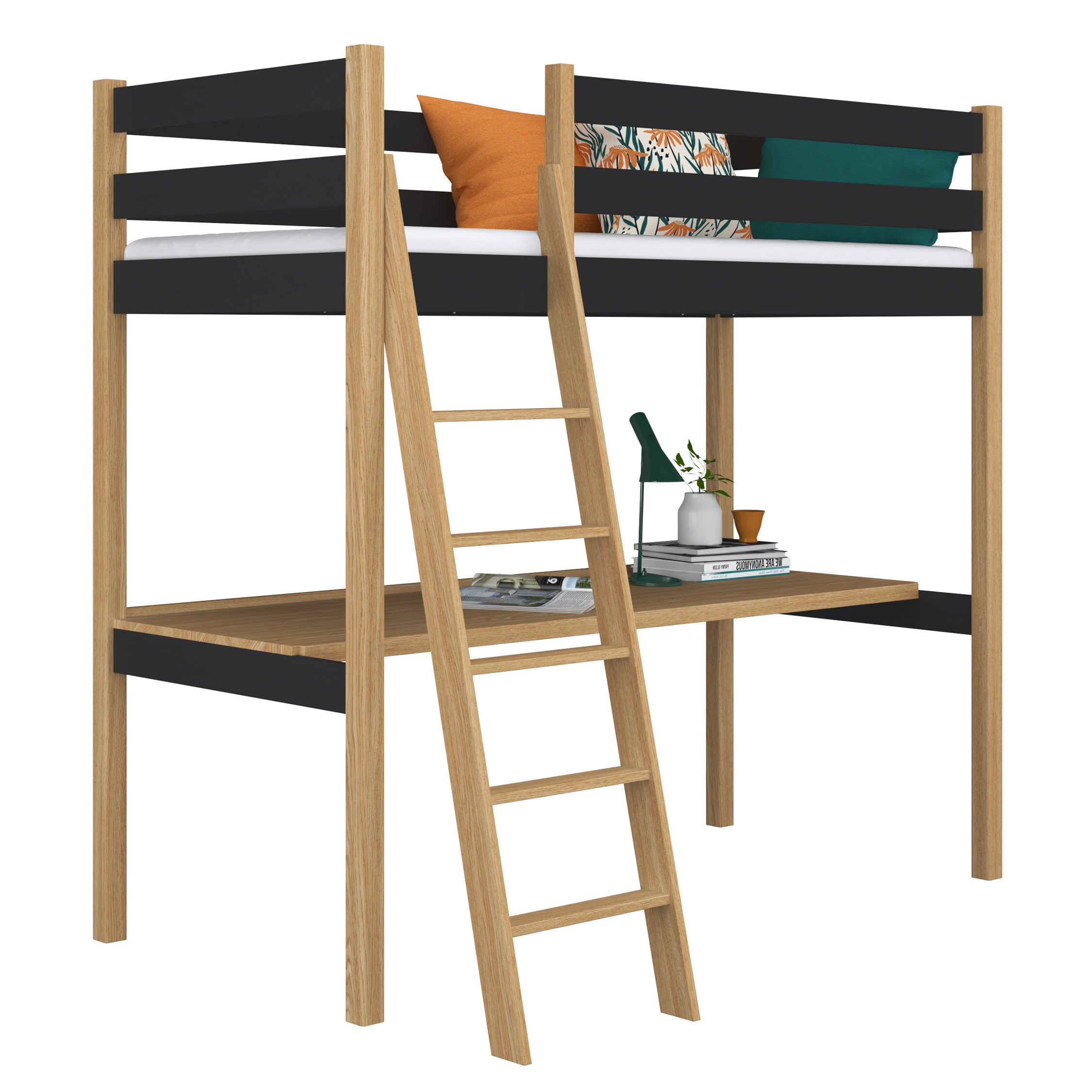 Black and Oak Wooden Loft Bed with Desk – Children’s Room, Scandi Nizio