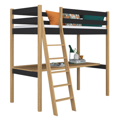 Black and Oak Wooden Loft Bed with Desk – Children’s Room, Scandi Nizio