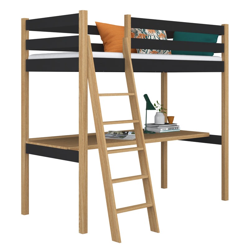 Black and Oak Wooden Loft Bed with Desk – Children’s Room, Scandi Nizio