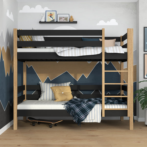 Black and Oak Bunk Bed – Wooden Ladder and Safety Rail, Nizio Home