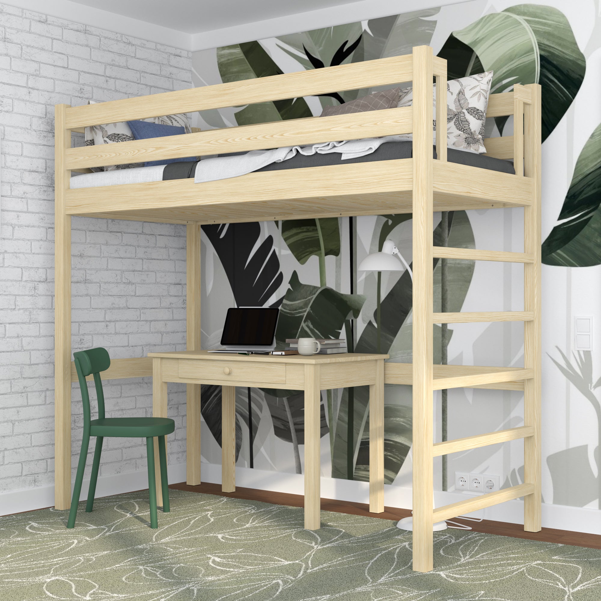 Loft bed clear pine in children’s room – scandi arrangement, wooden