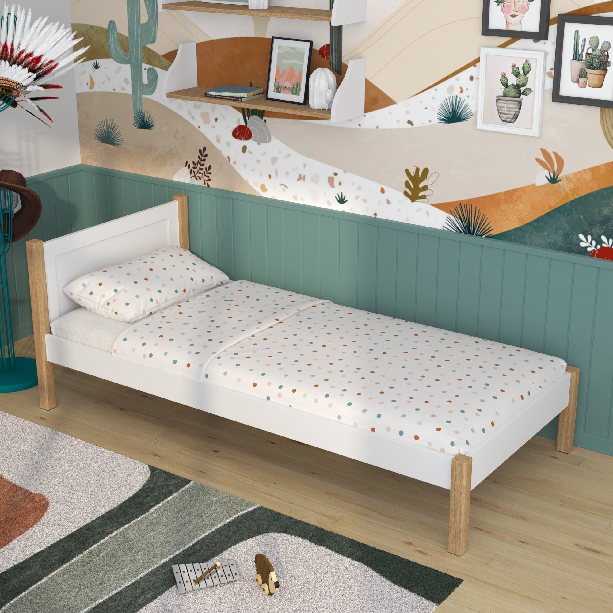 Single wooden bed white-oak – side view, furniture proportions