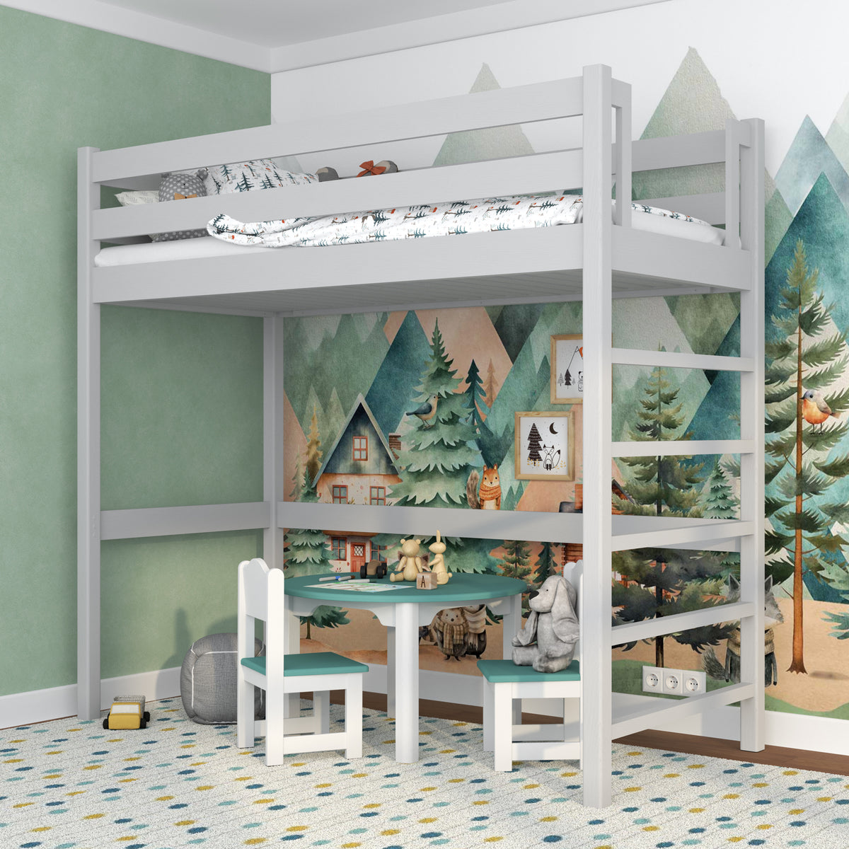 Loft bed grey in children’s room – scandi arrangement, wooden