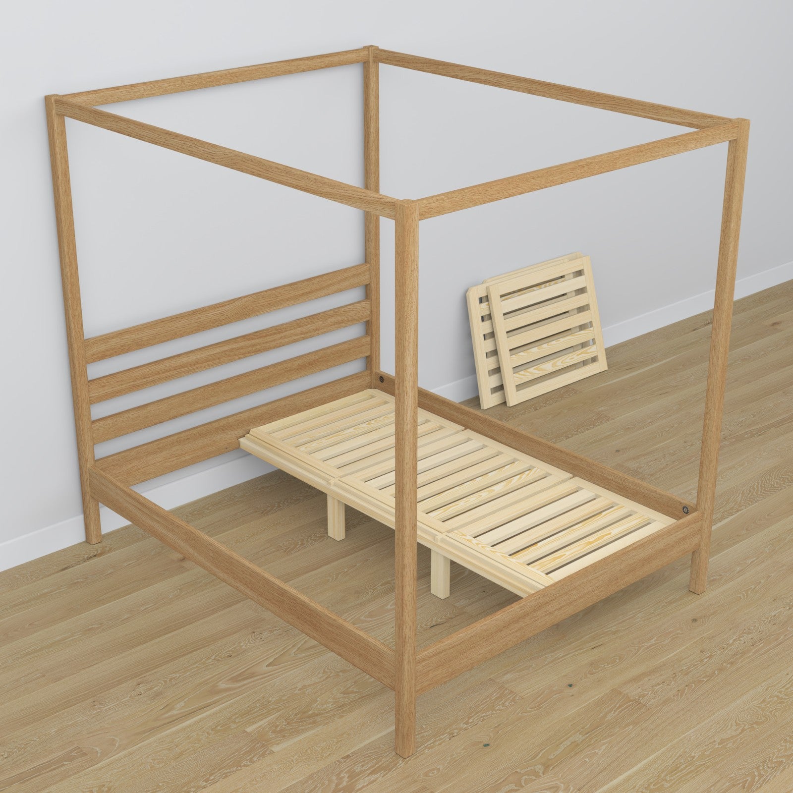 Natural oak canopy bed made of oak – side view, scandi style