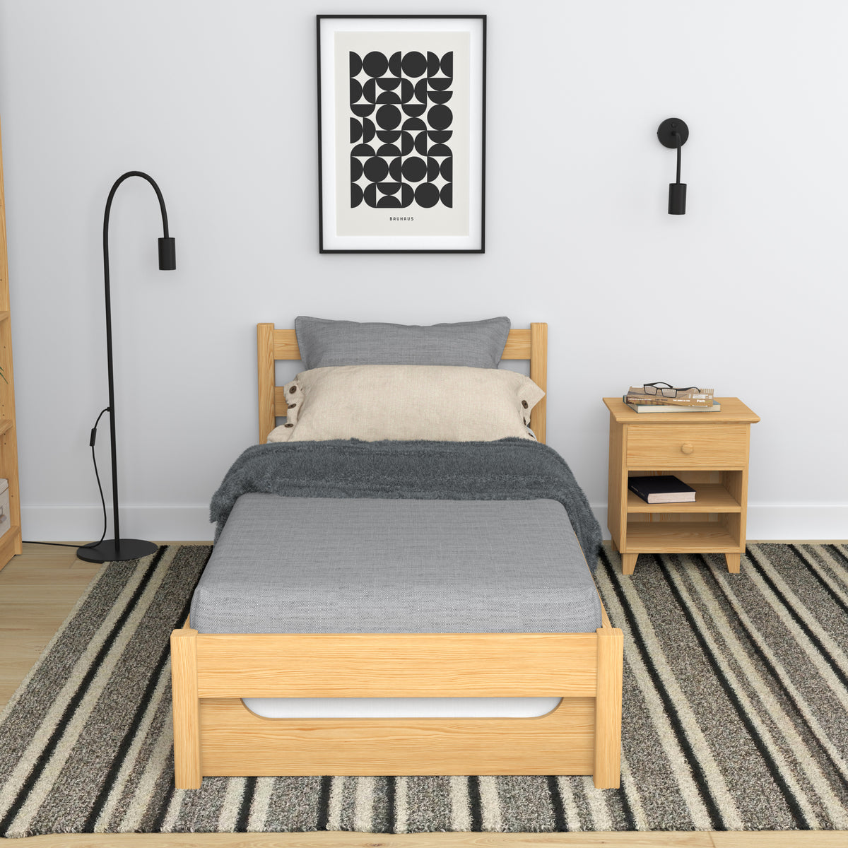 Natural pine bed with mattress drawer – side view, wooden, Nizio Home