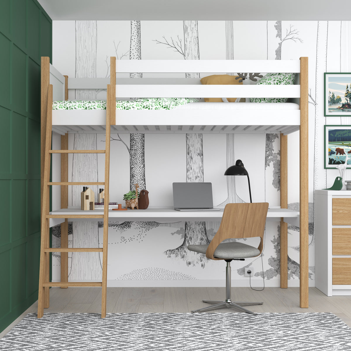 Loft bed white/oak with desk – study space under the sleeping area, wooden