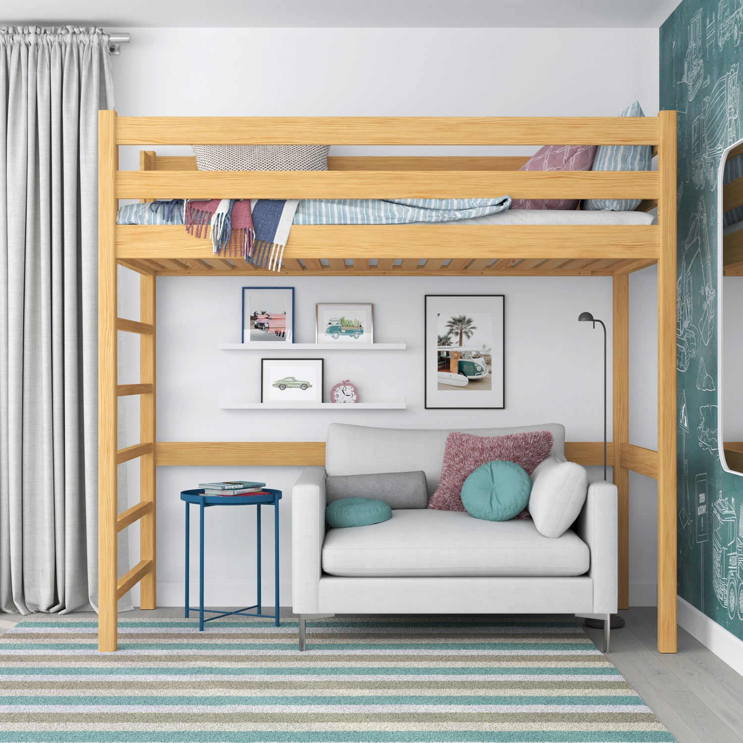 Loft bed natural pine – wooden ladder and safety rail, Nizio Home
