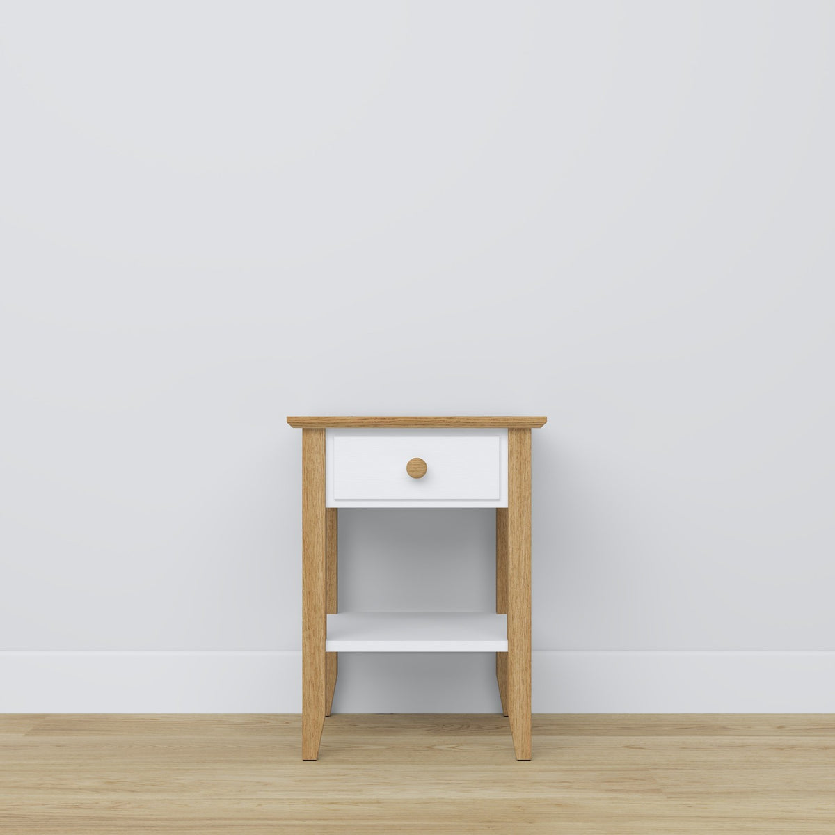 Bedside table with drawer N01 wooden white with oak – bedroom, Scandinavian style