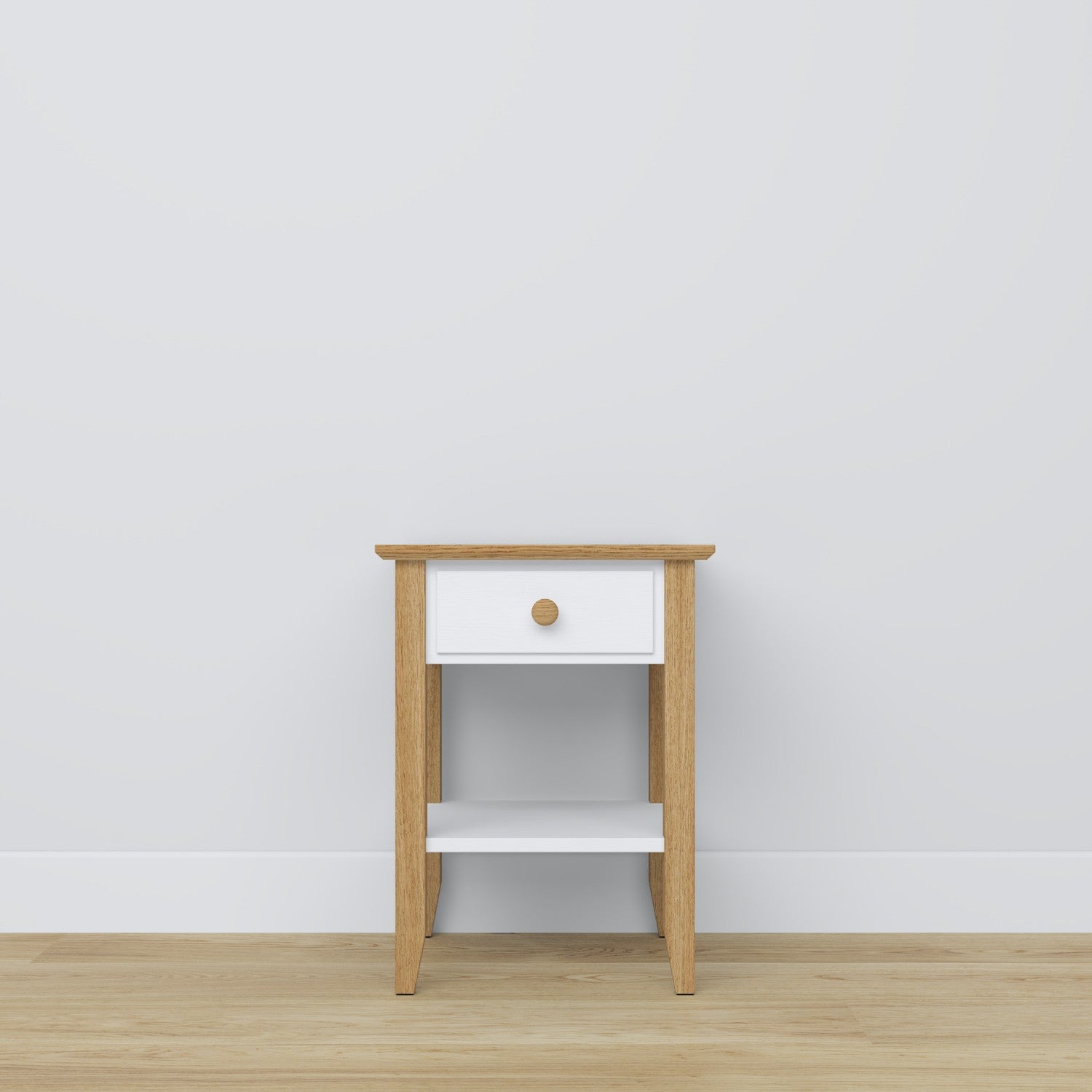 Bedside table with drawer N01 wooden white with oak – bedroom, Scandinavian style