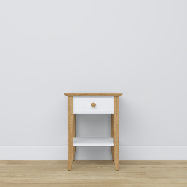 Bedside table with drawer N01 wooden white with oak – bedroom, Scandinavian style