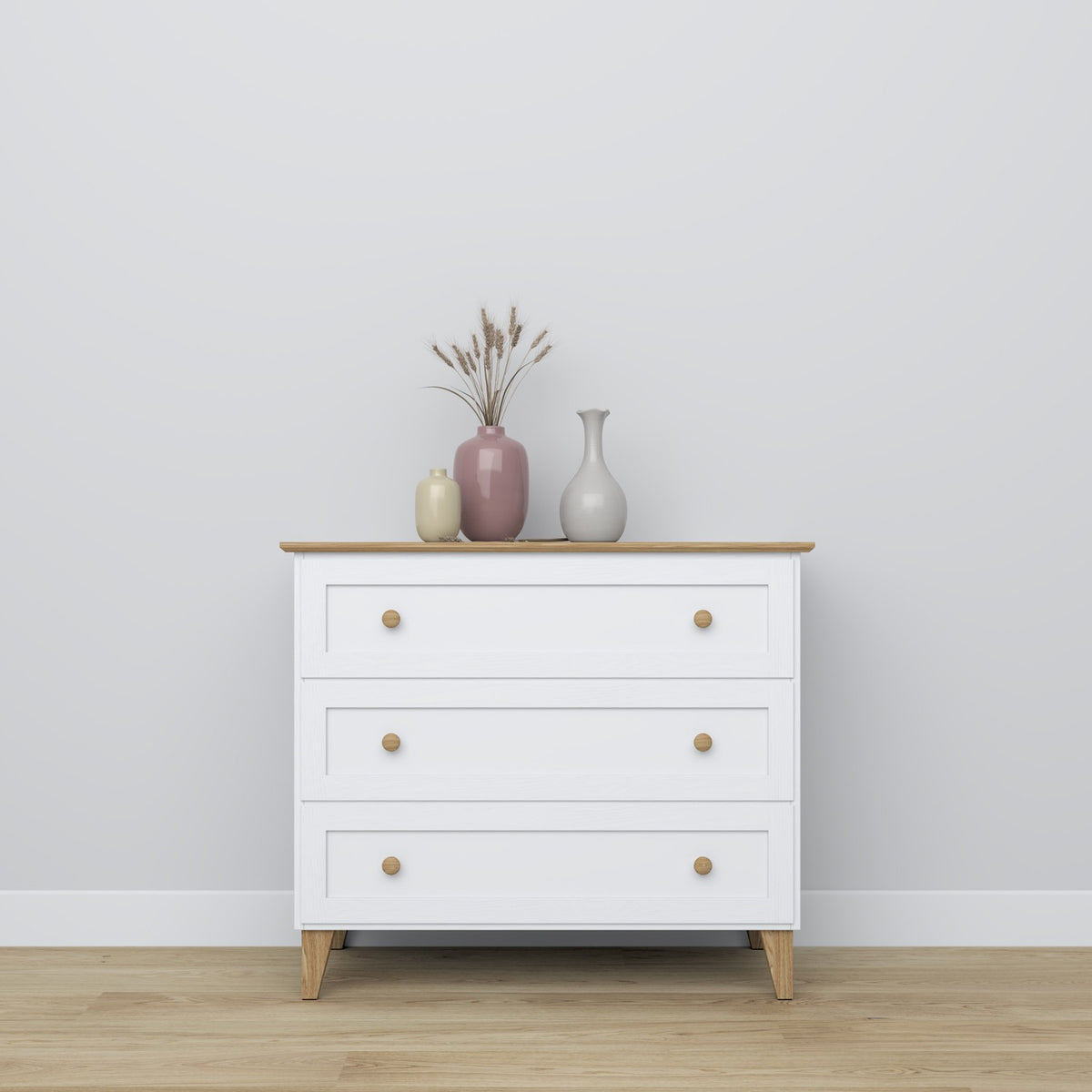 Chest of drawers 3S white with oak wood – side view, compact structure