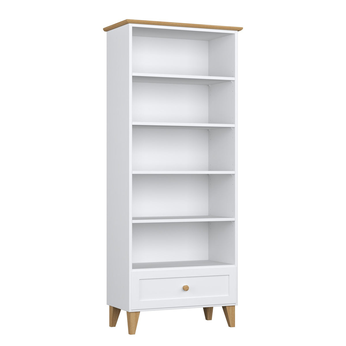 Bookcase 1S 80 white with oak made of wood – side view, depth and profile