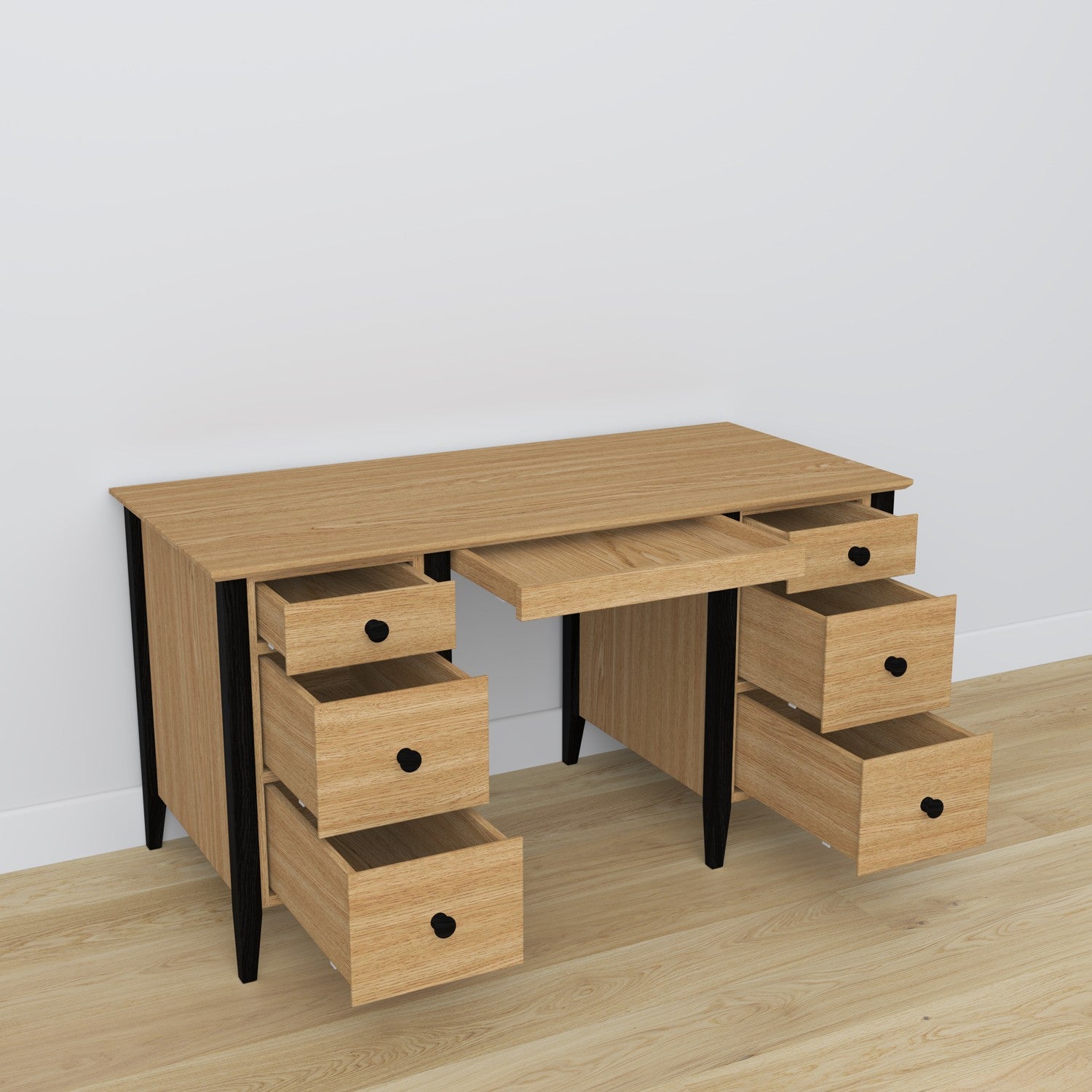 Desk 6S oak natural oak with black – open drawers, document storage compartments