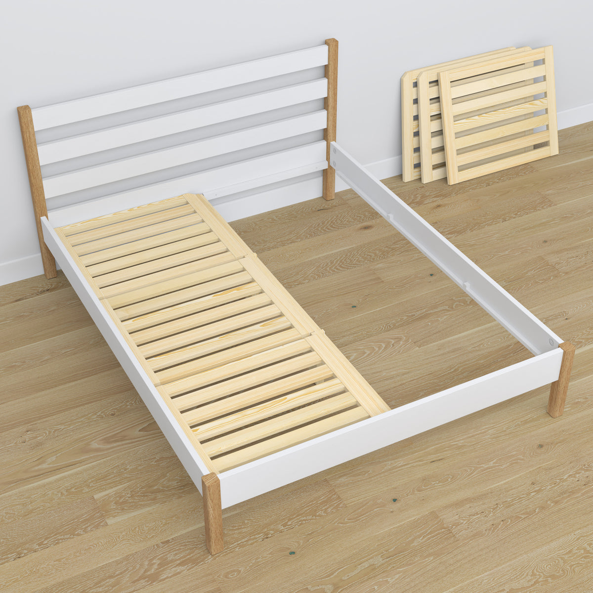 Wooden double bed white and oak – dimensions and diagram, Nizio Home
