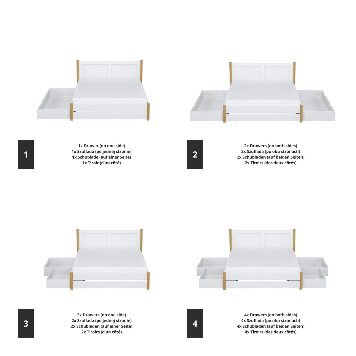 Double bed white with oak and drawer in bedroom – Scandinavian arrangement