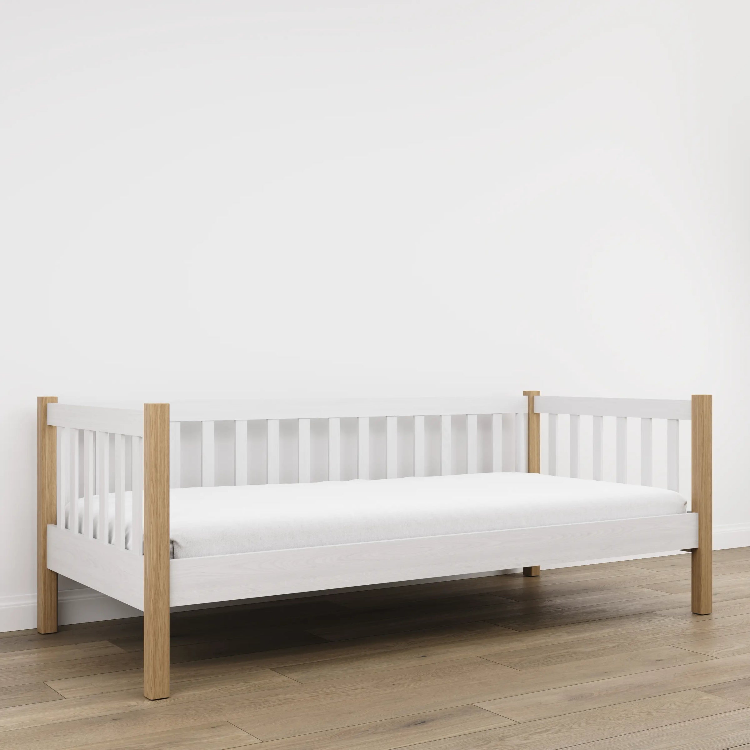 Sofa bed white with oak – wooden side barrier, safety for children