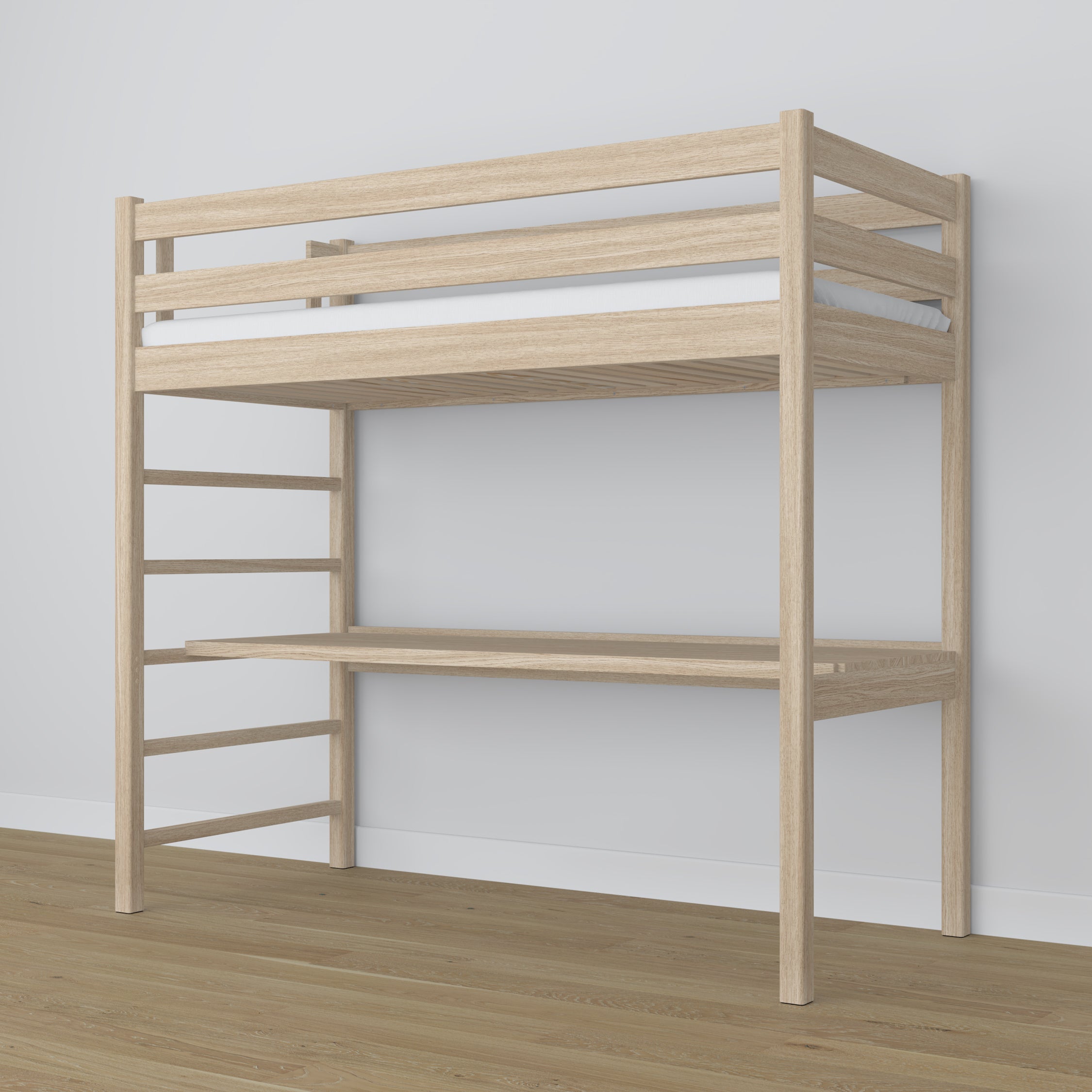 Bleached Oak Loft Bed with Desk – Frame and Slats, Nizio