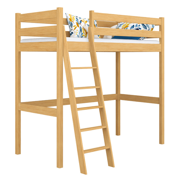 Loft bed natural pine – wooden ladder and safety rail, Nizio Home